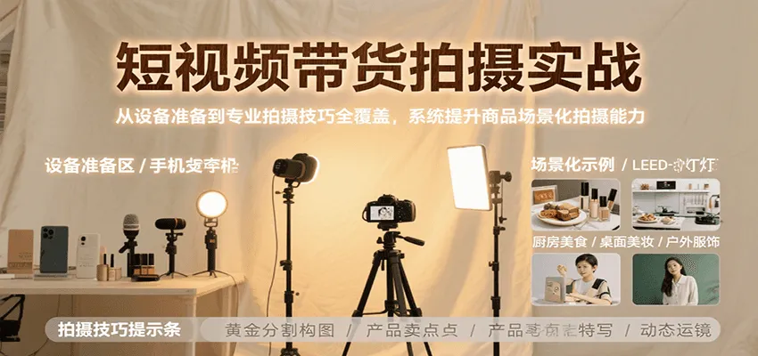 短视频带货拍摄实战,从设备准备到专业拍摄技巧全覆盖,系统提升商品场景化拍摄能力-来缘阁