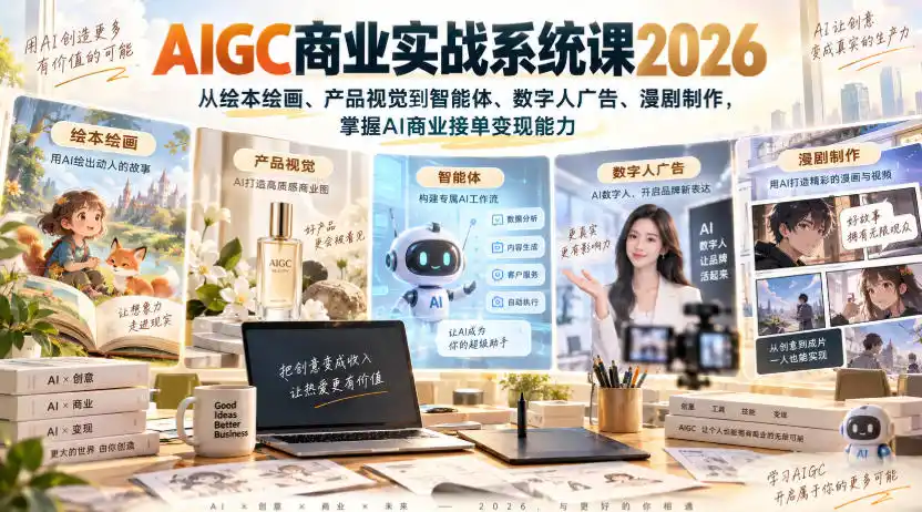 AIGC商业实战系统课2026，从绘本绘画、产品视觉到智能体、数字人广告、漫剧制作，掌握AI商业接单变现能力-来缘阁