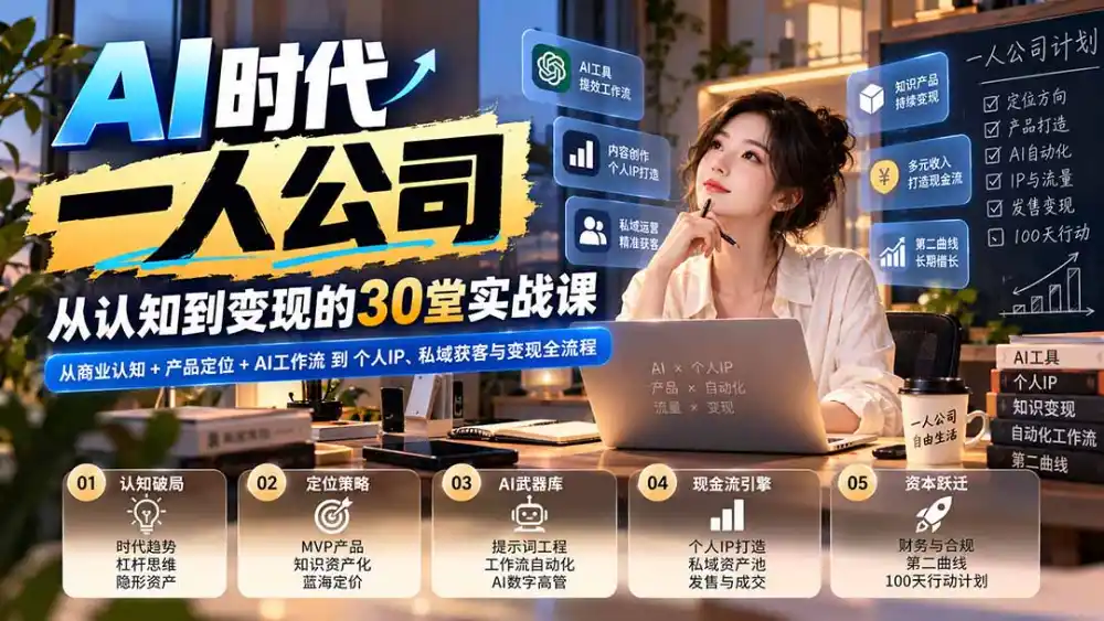 【无水印】AI时代一人公司30堂实战课:从商业认知+产品定位+AI工作流到个人IP、私域获客与变现全流程-来缘阁