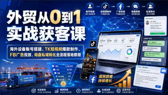 外贸从0到1实战获客课｜海外设备账号搭建、TK短视频爆款制作、FB广告投放、询盘私域转化全流程落地教程-来缘阁