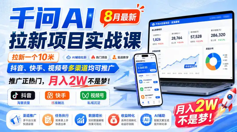 千问AI拉新项目实战课8月最新，拉新一个10米，抖音、快手、视频号多渠道均可推广，推广正热门，月入2W不是梦!-来缘阁
