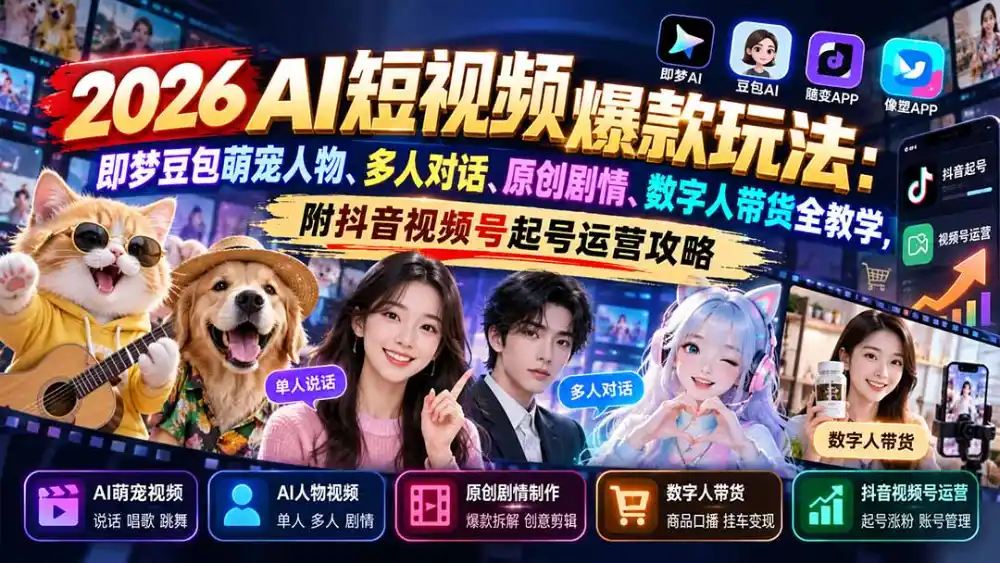 2026AI短视频爆款玩法:即梦豆包萌宠人物、多人对话、原创剧情、数字人带货全教学,附抖音视频号起号运营攻略-来缘阁