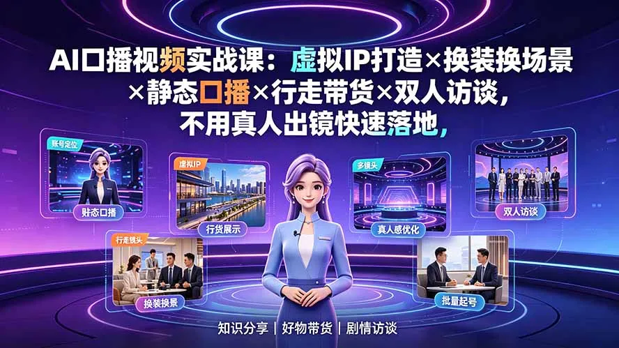 AI口播视频实战课：虚拟IP打造×换装换场景×静态口播×行走带货×双人访谈，不用真人出镜快速落地-来缘阁