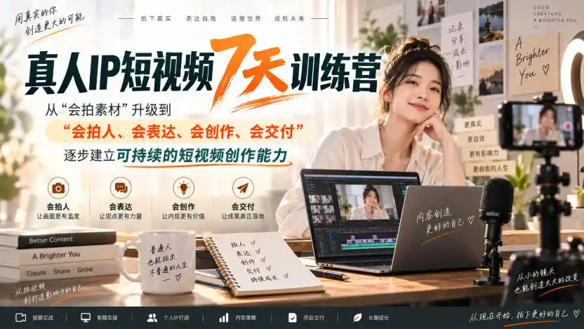 真人IP短视频7天训练营，从“会拍素材”升级到“会拍人、会表达、会创作、会交付”，逐步建立可持续的短视频创作能力-来缘阁