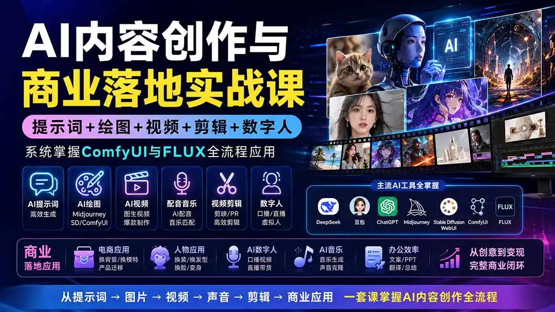 AI内容创作与商业落地实战课:提示词+绘图+视频+剪辑+数字人,系统掌握ComfyUI与FLUX全流程应用-来缘阁