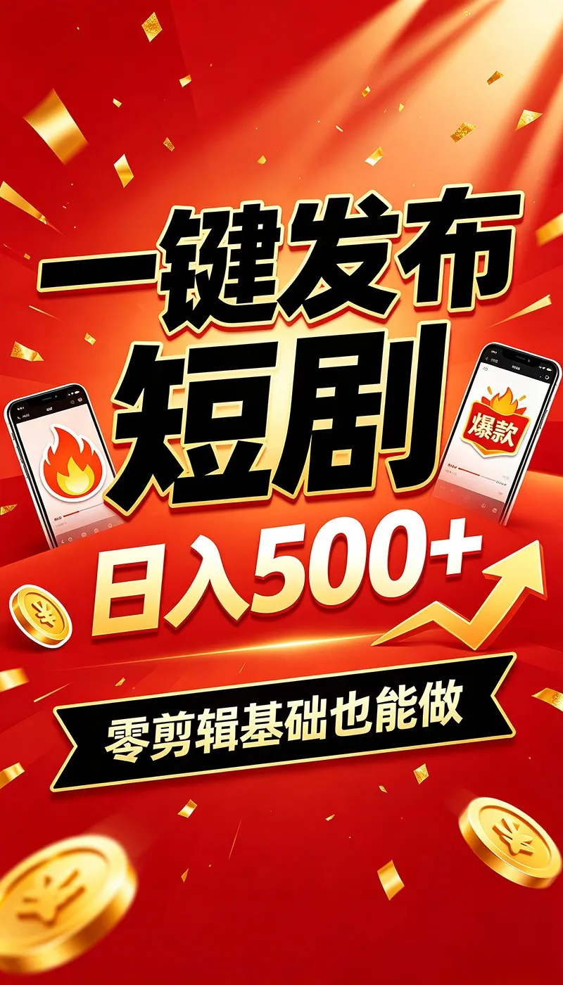 快手短剧一键发布，不用剪辑操作简单，副业日入500+。空闲时间轻松赚收益-来缘阁