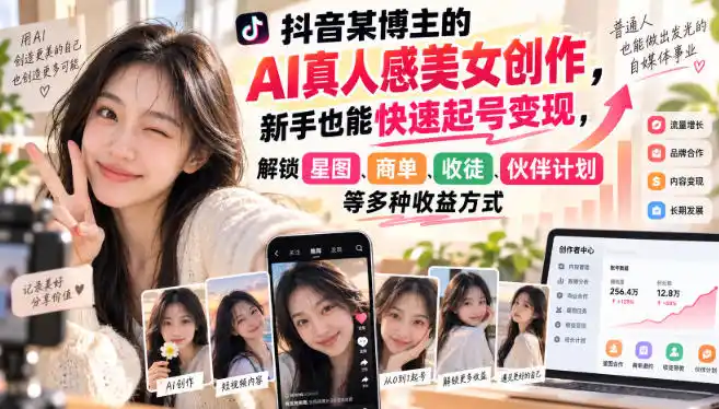 抖音某博主的AI真人感美女创作,新手也能快速起号变现,解锁星图,商单,收徒,伙伴计划等多种收益方式