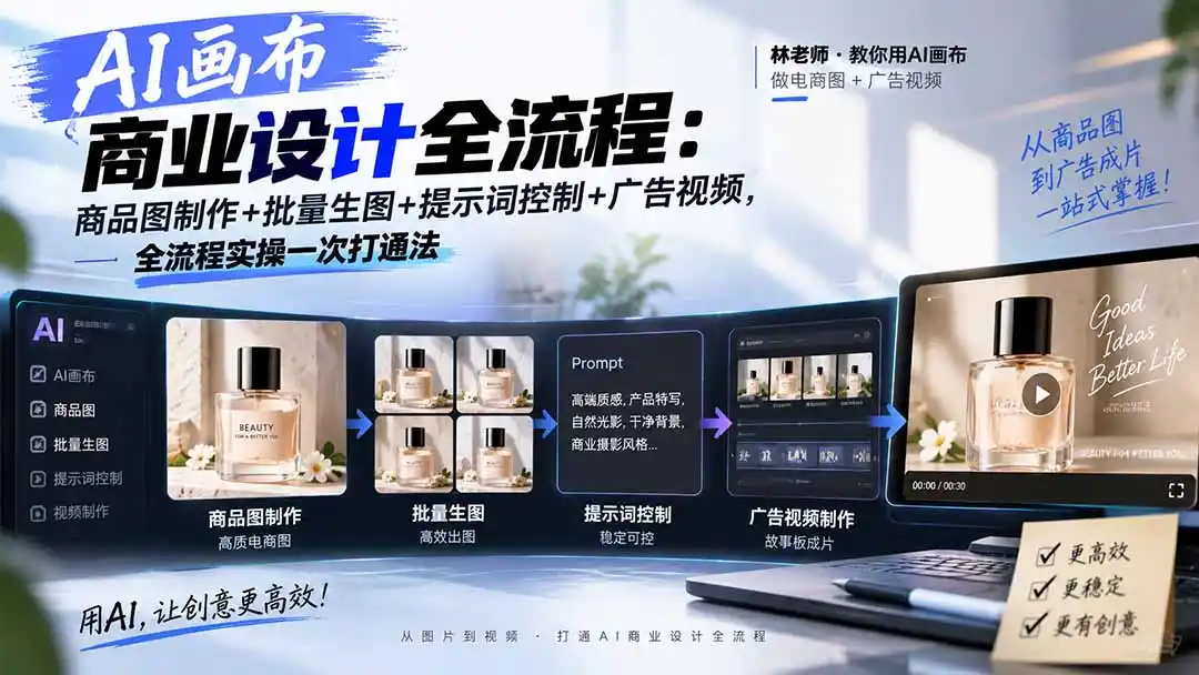 AI画布商业设计全流程：商品图制作+批量生图+提示词控制+广告视频，全流程实操一次打通法-来缘阁