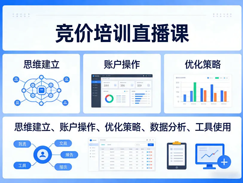竞价培训直播课，覆盖思维建立、账户操作、优化策略、数据分析、工具使用等，全方位提升效果-来缘阁