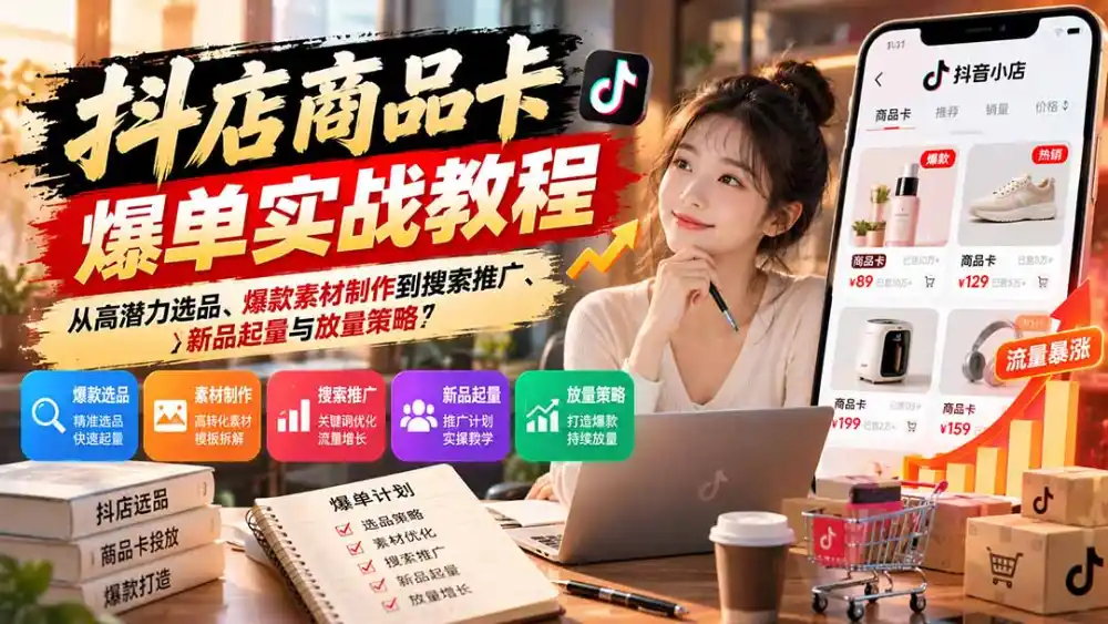 抖店商品卡爆单实战教程：从高潜力选品、爆款素材制作到搜索推广、新品起量与放量策略-来缘阁