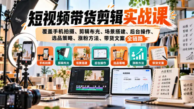 短视频带货剪辑实战课,覆盖手机拍摄、剪辑布光、场景搭建、后台操作、选品策略、涨粉方法、带货文案全链路-来缘阁