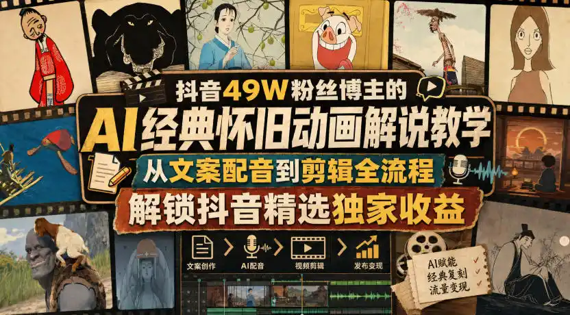抖音49W粉丝博主的AI经典怀旧动画解说教学,从文案配音到剪辑全流程,解锁抖音精选独家收益-来缘阁
