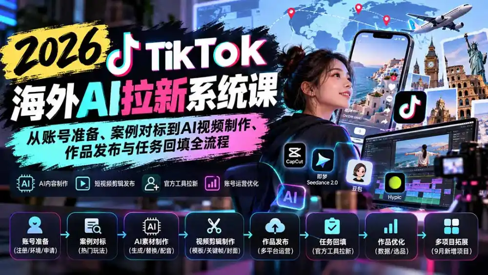 【无水印】2026 TikTok海外AI拉新系统课:从账号准备、案例对标到AI视频制作、作品发布与任务回填全流程-来缘阁