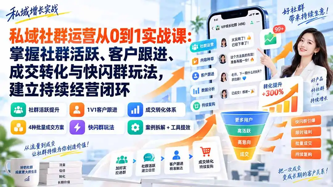 私域社群运营从0到1实战课:掌握社群活跃、客户跟进、成交转化与快闪群玩法,建立持续经营闭环-来缘阁