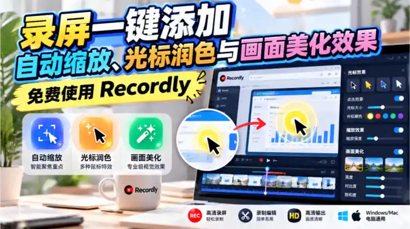 录屏一键添加自动缩放、光标润色与画面美化效果，免费使用Recordly-来缘阁