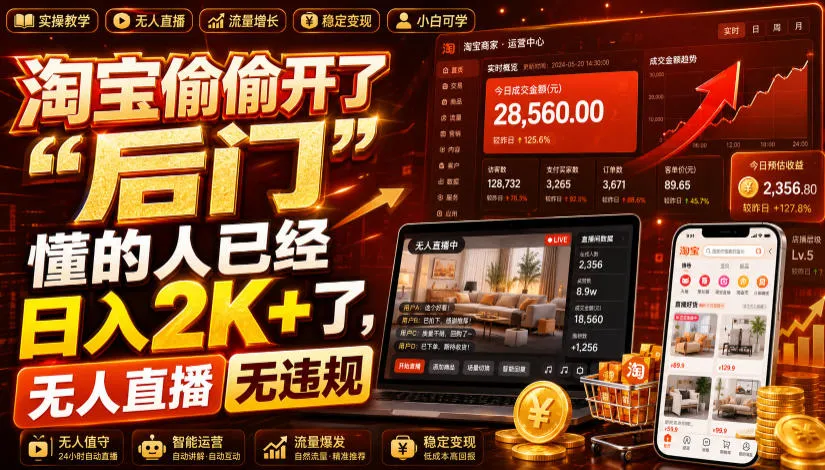 淘宝偷偷开了“后门”,懂的人已经日入2K+了,无人直播无违规,一台电脑=一家24小时营业的线上门店【揭秘】-来缘阁