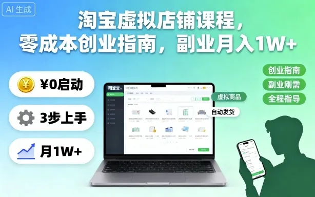 淘宝虚拟店铺课程,零成本创业指南,副业月入1W+-来缘阁