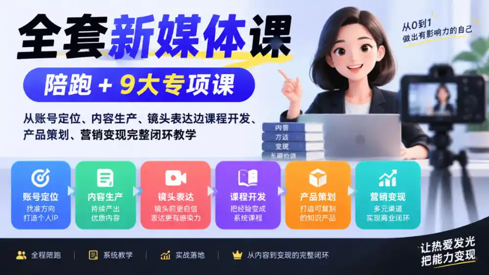 全套新媒体课｜陪跑+9大专项课，从账号定位、内容生产、镜头表达到课程开发、产品策划、营销变现完整闭环教学-来缘阁