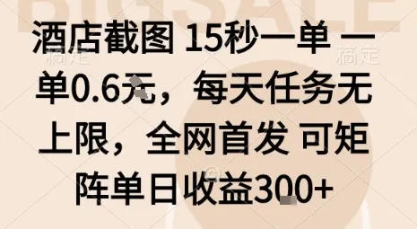 酒店截图15秒一单，一单0.6米，每天任务无上限，全网首发可矩阵单日收益3张【揭秘】-来缘阁
