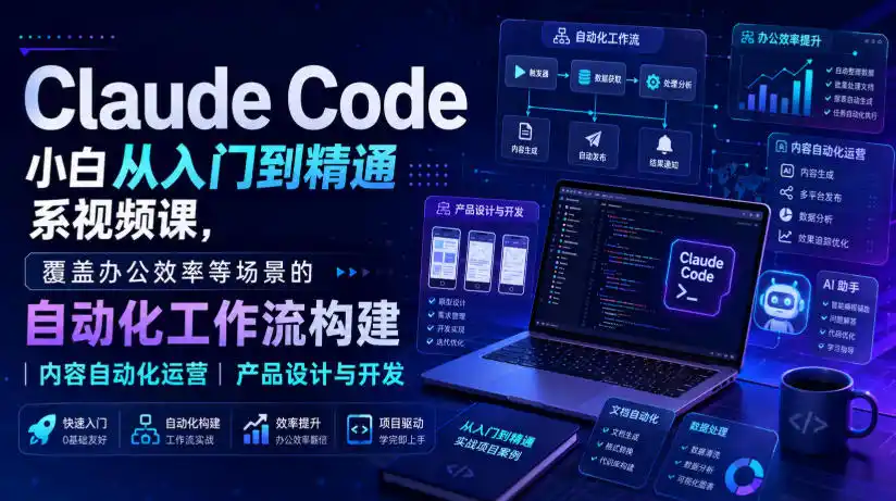 Claude Code小白从入门到精通系视频课，覆盖办公效率等场景的自动化工作流构建|内容自动化运营|产品设计与开发-来缘阁