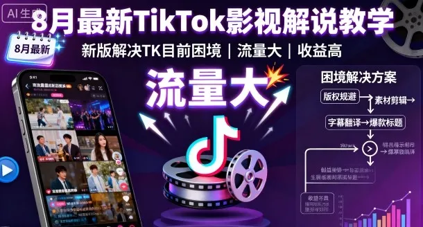 8月最新TikTok影视解说教学，新版解决TK目前困境，流量大，收益高-来缘阁