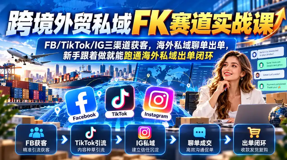 跨境外贸私域FK赛道实战课｜FB/TikTok/IG三渠道获客，海外私域聊单出单，新手跟着做就能跑通海外私域出单闭环-来缘阁