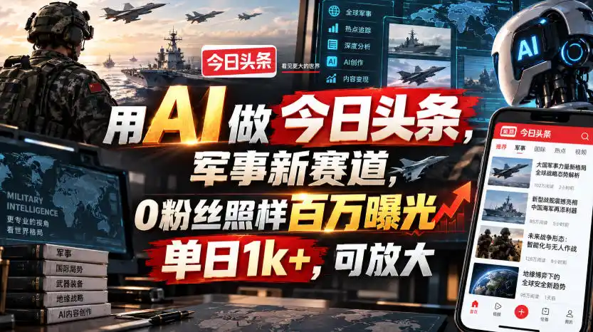 用AI做今日头条,军事新赛道,0粉丝照样百万曝光,单日1k+,可放大-来缘阁