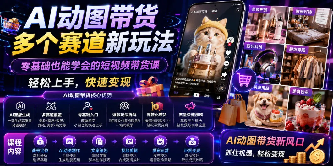 AI动图带货多个赛道新玩法，零基础也能学会的短视频带货课，轻松上手，快速变现-来缘阁