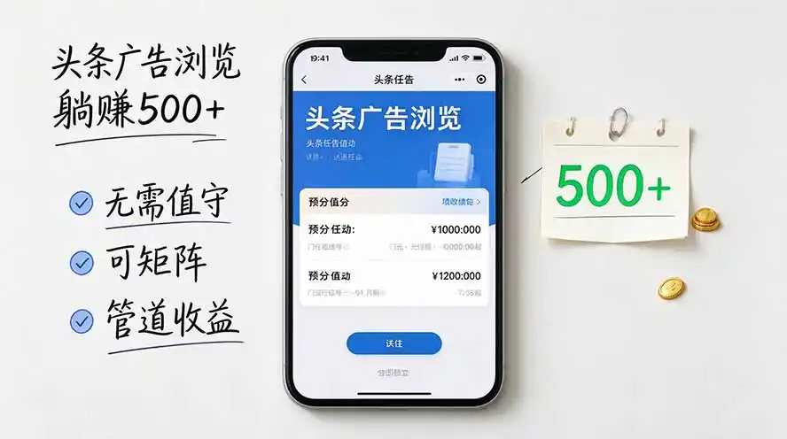 头条广告浏览躺赚500+无需值守，可矩阵并附有管道收益-来缘阁