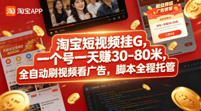淘宝短视频挂G，一个号一天 賺30-80米，全自动刷视频看广告，脚本全程托管【揭秘】-来缘阁