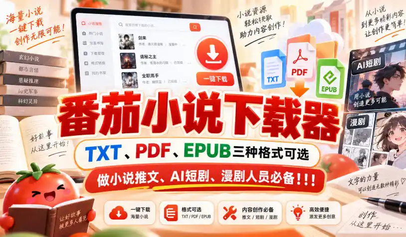 番茄小说下载器,TXT、PDF、EPUB三种格式可选,做小说推文、AI短剧、漫剧人员必备!!!-来缘阁