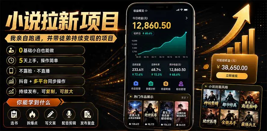 抖音及多平台小说拉新项目：我亲自跑通并持续带徒弟实操｜0基础小白5天上手快速变现-来缘阁