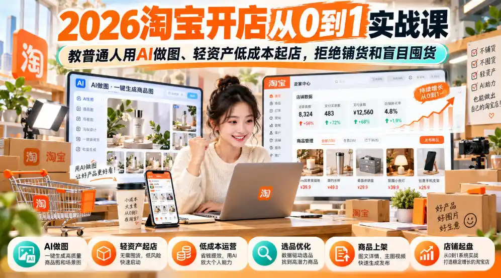 2026淘宝开店从0到1实战课,教普通人用AI做图、轻资产低成本起店,拒绝铺货和盲目囤货-来缘阁