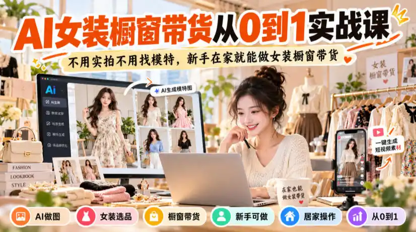 AI女装橱窗带货从0到1实战课，不用实拍不用找模特，新手在家就能做女装橱窗带货-来缘阁