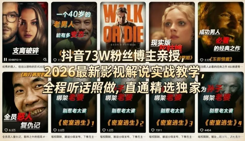 抖音73W粉丝博主亲授，2026最新影视解说实战教学，全程听话照做，直通精选独家-来缘阁