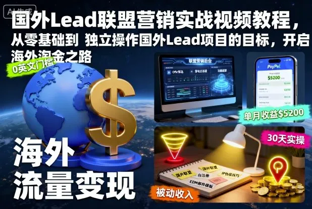 国外Lead联盟营销实战视频教程，从零基础到独立操作国外Lead项目的目标，开启海外淘金之路-来缘阁