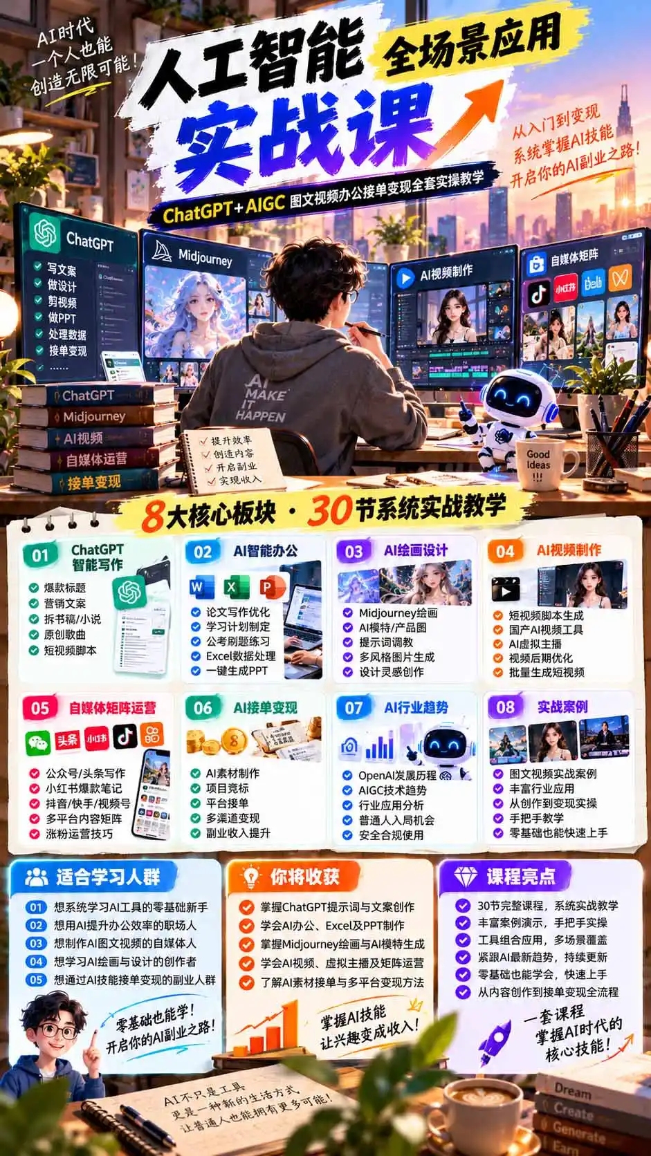 一个人掌握AI写作设计剪辑全套技能:从ChatGPT办公、AI绘画到虚拟主播、自媒体运营及接单变现-来缘阁