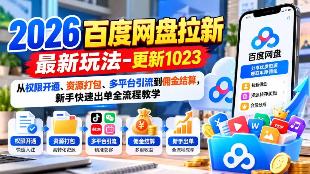 2026百度网盘拉新最新玩法-更新1023:从权限开通、资源打包、多平台引流到佣金结算,新手快速出单全流程教学-来缘阁