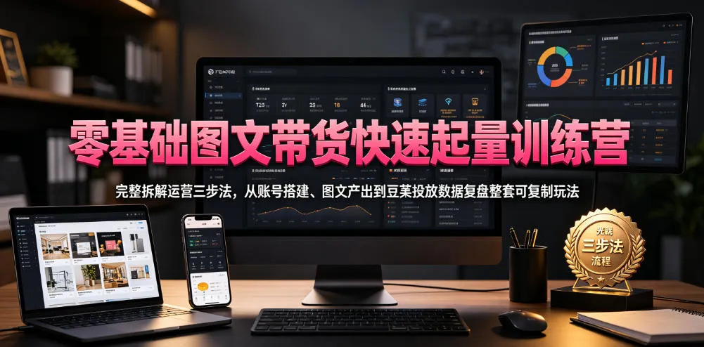 零基础图文带货快速起量训练营，完整拆解运营三步法，从账号搭建、图文产出到豆荚投放数据复盘整套可复制玩法-来缘阁