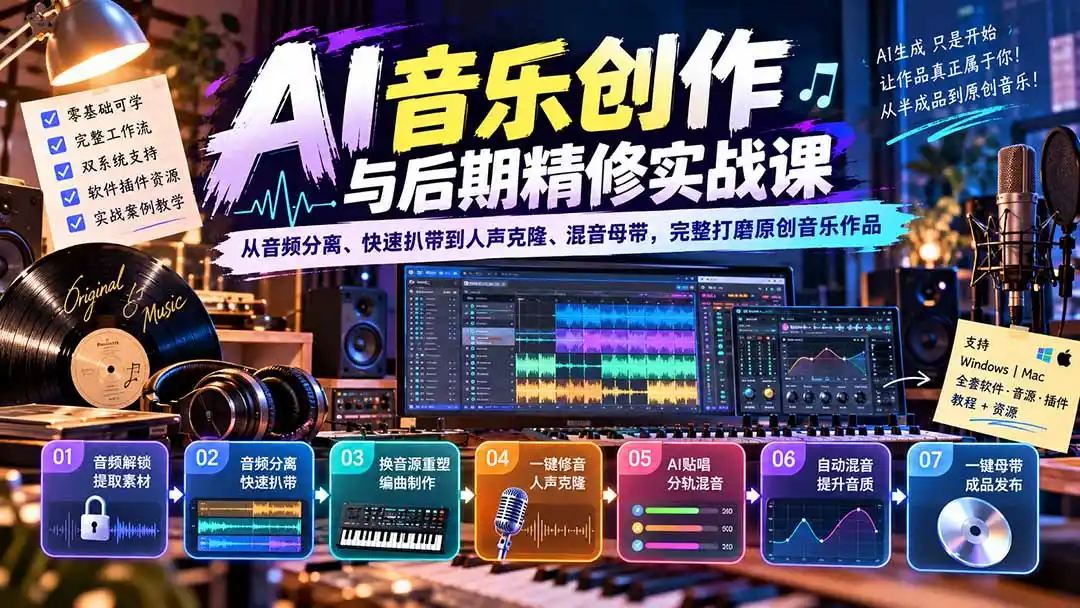 AI音乐创作与后期精修实战课：从音频分离、快速扒带到人声克隆、混音母带，完整打磨原创音乐作品-来缘阁