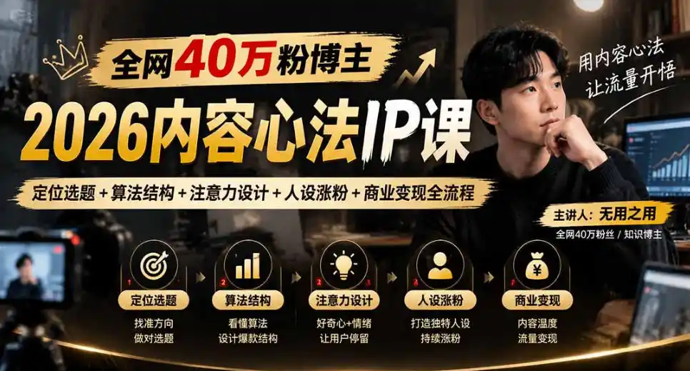 【无水印】全网40W粉博主的2026内容心法IP课，定位选题+算法结构+注意力设计+人设涨粉+商业变现全流程-来缘阁