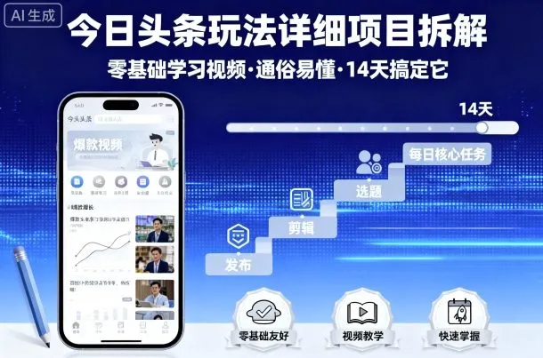 今日头条玩法详细项目拆解，零基础学习视频 通俗易懂 14天搞定它-来缘阁