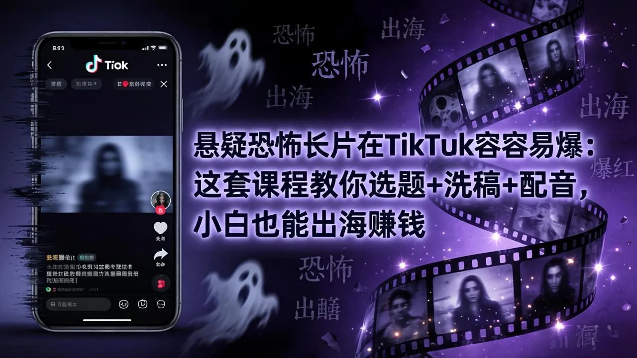 悬疑恐怖长片在TikTok最容易爆：这套课程教你选题+洗稿+配音，小白也能出海赚钱-来缘阁