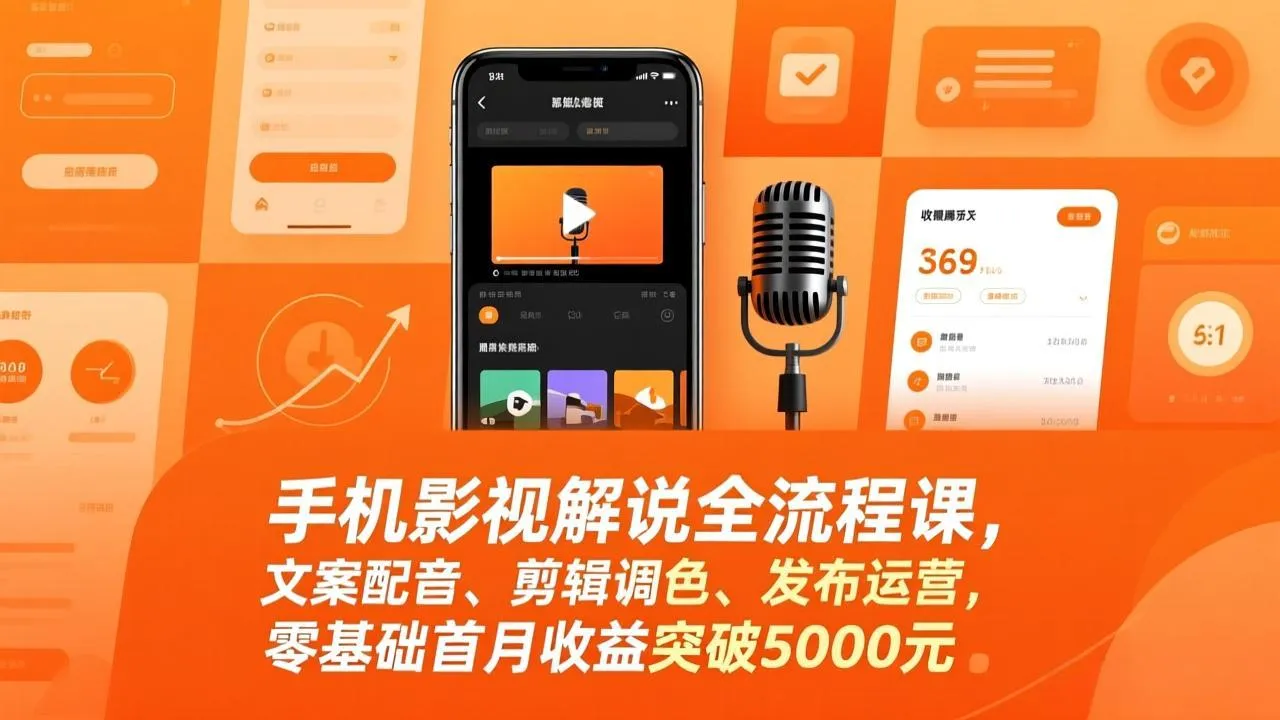 手机影视解说全流程课，文案配音、剪辑调色、发布运营，零基础首月收益突破5000元-来缘阁