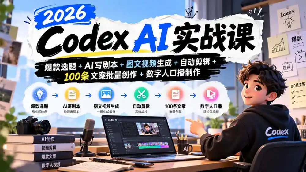 2026Codex AI实战课：爆款选题+AI写剧本+图文视频生成+自动剪辑+100条文案批量创作+数字人口播制作-来缘阁