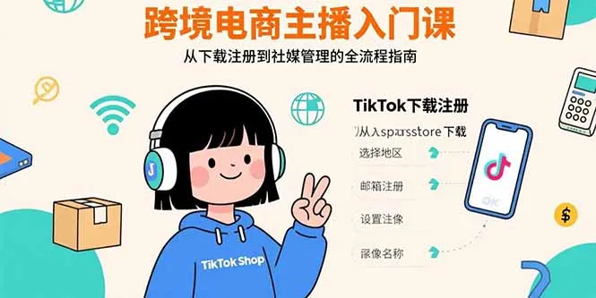 跨境电商主播入门课，TikTok下载注册，支付工具配置，社媒账号管理全流程-来缘阁
