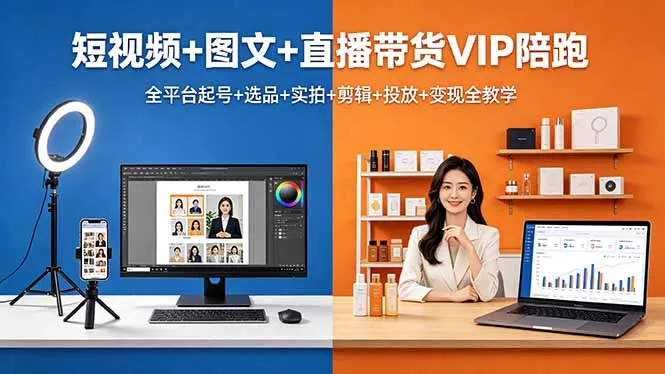 短视频+图文+直播带货VIP陪跑，全平台起号+选品+实拍+剪辑+投放+变现全教学-来缘阁