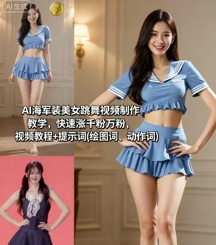 AI海军装美女跳舞视频制作教学，快速涨千粉万粉，视频教程+提示词(绘图词、动作词)-来缘阁