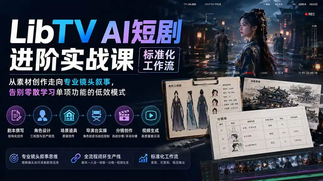 LibTV AI短剧进阶实操课标准化工作流；从素材创作走向专业镜头叙事，告别零散学习单项功能的低效模式-来缘阁