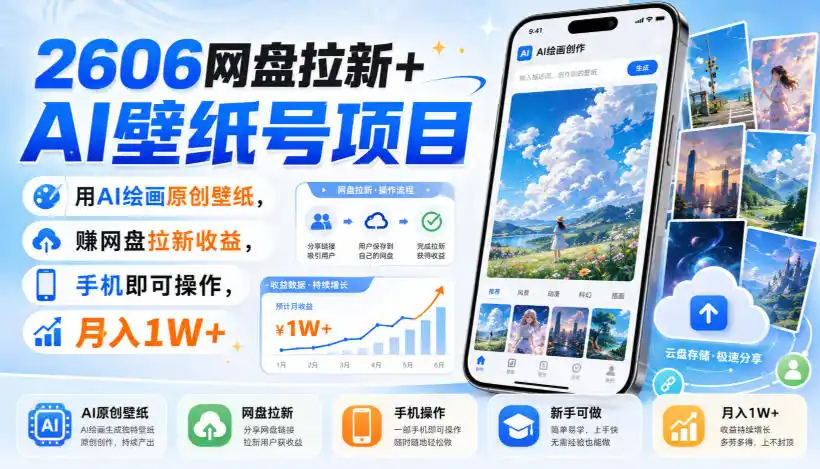 2606网盘拉新+AI壁纸号项目,用AI绘画原创壁纸,賺网盘拉新收益,手机即可操作,月入1W+-来缘阁